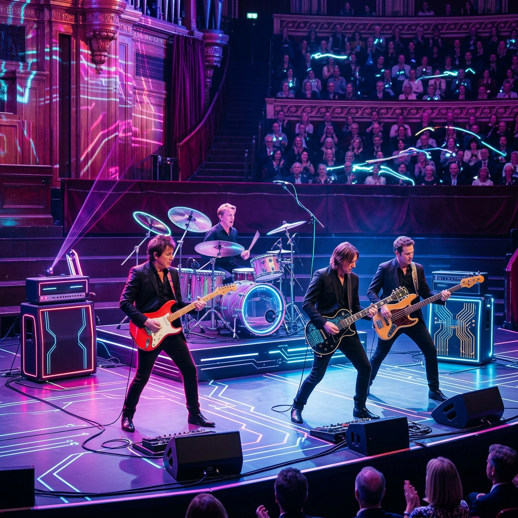 Rock band and orchestra performing together before a seated audience